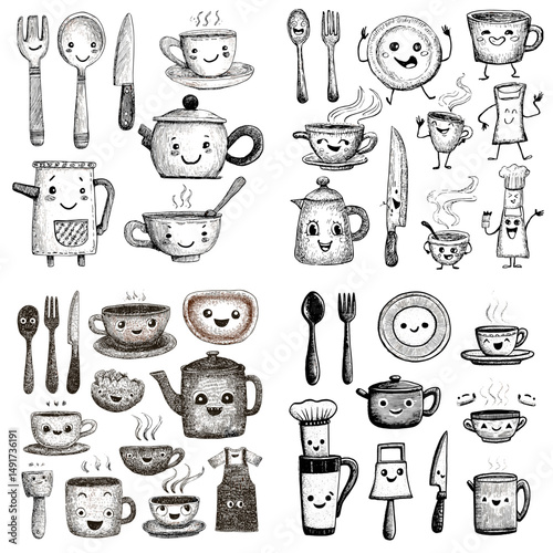 Black and white doodle kitchen tools with expressive faces, including pots, cups, knives, and kettles. Ideal for culinary content, kids books, and fun cooking designs.

