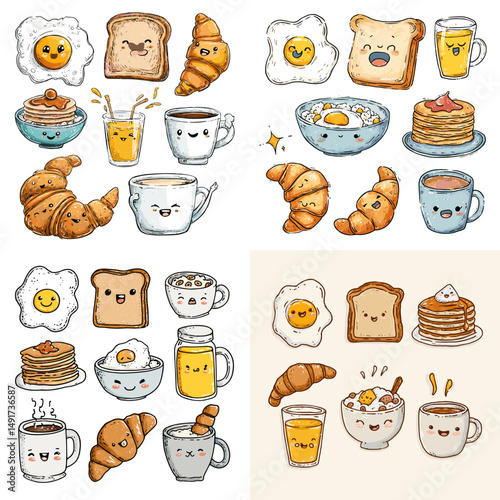 Cute breakfast doodles with smiling toast, eggs, croissants, pancakes, and coffee mugs. Great for kids' illustrations, menu design, and food stickers.

