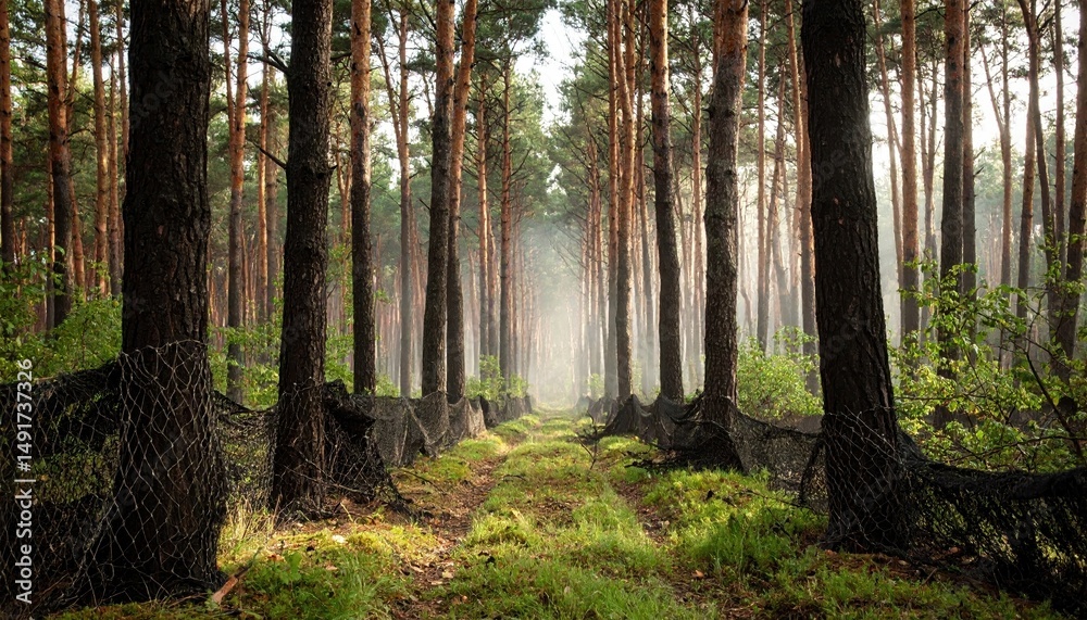 Obraz premium Serene Path Through a Misty Pine Forest Nature's Tranquil Pathway