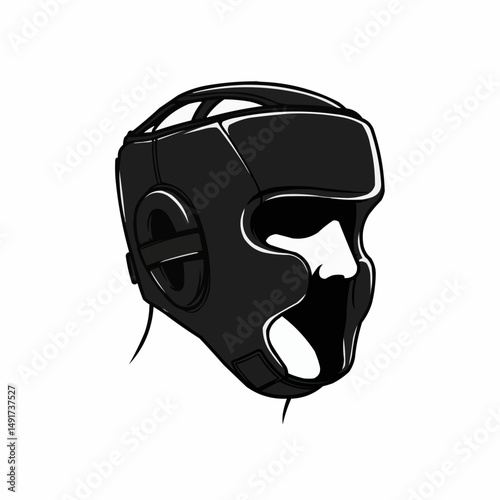A dark boxing helmet is depicted on a white surface, angled to the right side