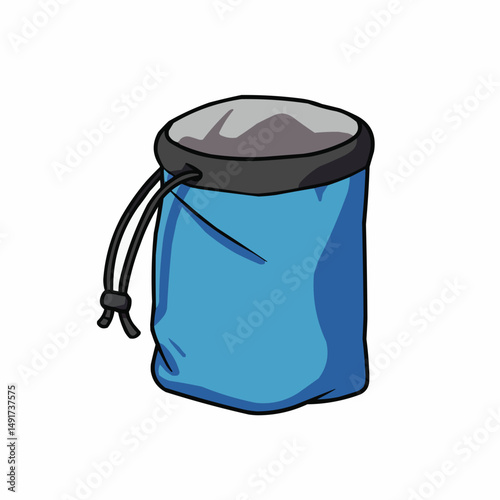 Cartoon rendering of a blue chalk bag with black drawstrings on a white background