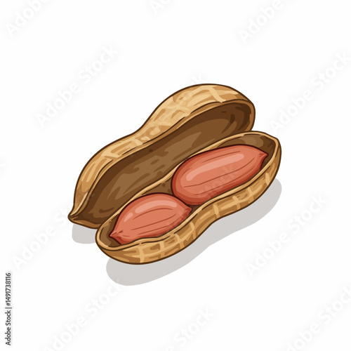 Peanut with shell partially open, showing a peanut. Brown hues on white
