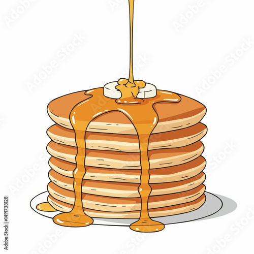 A stack of fluffy pancakes with banana slices gets drenched in golden syrup
