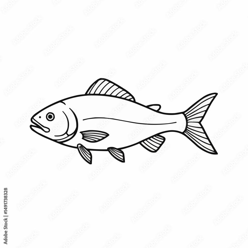 Fototapeta premium Simple monochrome drawing of a fish with defined lines and details on a white backdrop
