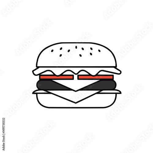 Detailed line-art hamburger. Seeded top bun, lettuce, and two red slices inside