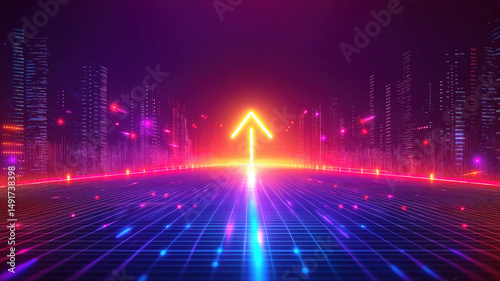 Business growth concept with a rising arrow in a futuristic digital finance grid visualization