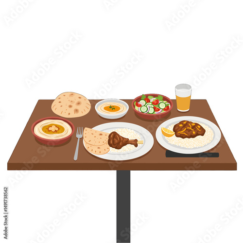 Colorful Middle Eastern Meal Illustration On Table