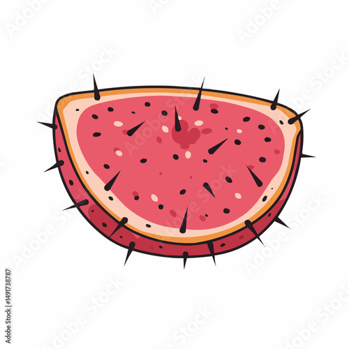 Slice of stylized cactus fruit with dark seeds and thorns on the rind, pink inside