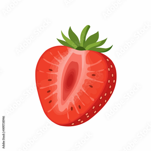 A sliced strawberry on a white background with green leaves on the upper right