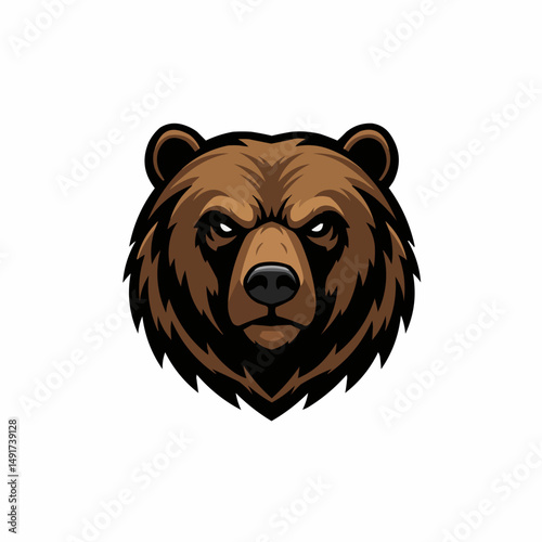 Illustration of a brown bear head with sharp eyes, on white background