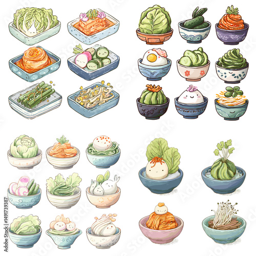 Watercolor illustrations of Asian pickled vegetables, kimchi, and fermented foods in cute bowls. Perfect for food blogs, healthy eating, and traditional recipes.

