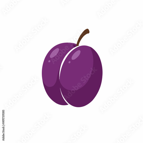 A plump, ripe plum with brown stem. Purple and bright. Simple cartoon