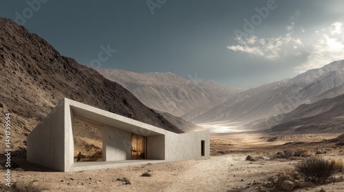 Desert Oasis Modern concrete house amidst barren mountain landscape Solitude.