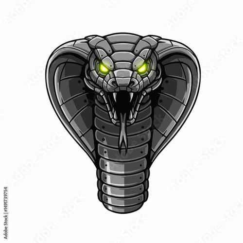 Robotic snake head with glowing eyes and metal plates. Mouth open, and ready to strike