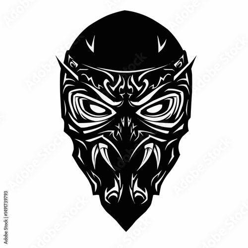 Stark graphic of a masked figure with intense eyes and sharp, decorative details