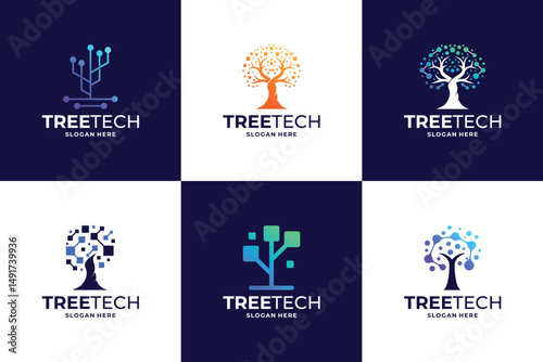 Set of Tree tech logo design template. Digital tree logo inspiration