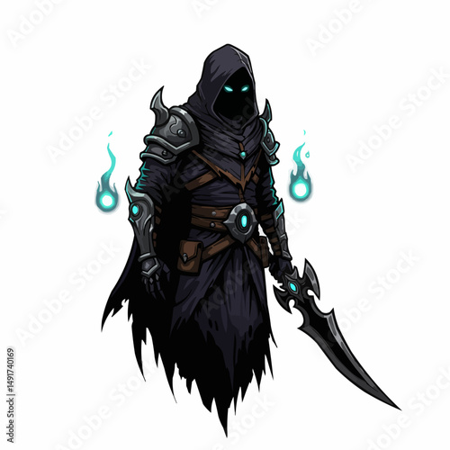 Dark, hooded figure with glowing eyes, armored and surrounded by magical flames
