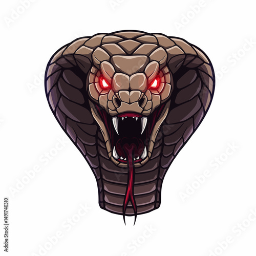 Cartoon cobra with red eyes, fangs, and scaly hood flares in aggressive posture