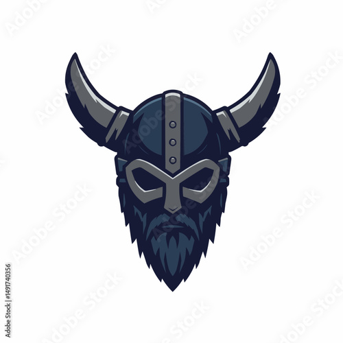 A cartoonish image of a viking helmet with horns in shades of blue and gray
