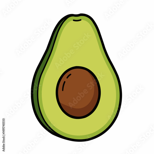 A halved avocado with a pit, bold outlines, various shades of green, on a white background