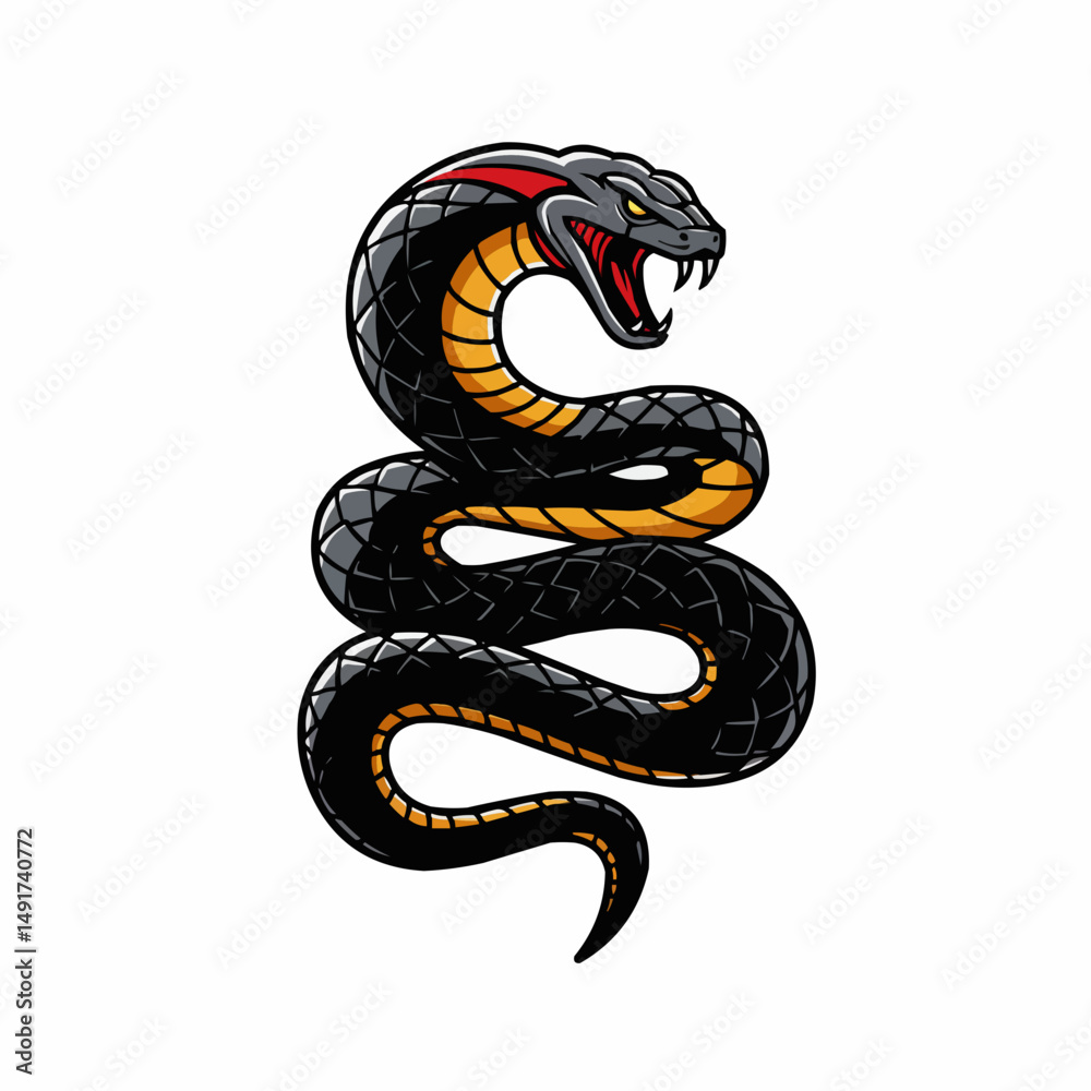Fototapeta premium Gray snake curled up, yellow underneath, open mouth with red interior