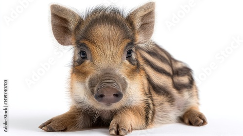 A wild boar piglet with striped fur, sitting with legs tucked under, centered on a white background, sharp focus, studio-lit, realistic detail