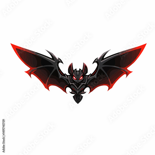 Stylized bat vector illustration with red and black colors, glowing eyes and sharp edges