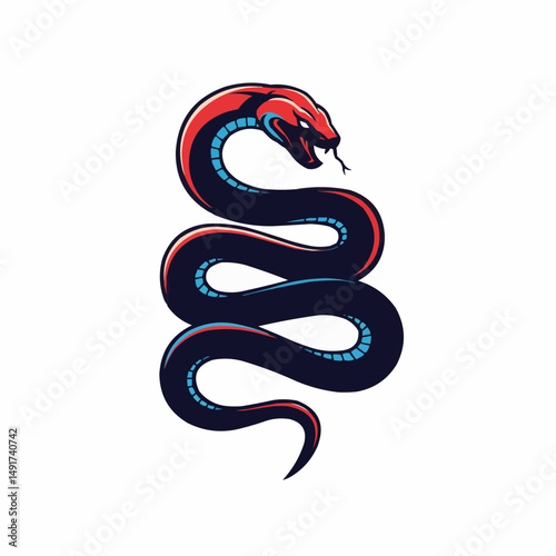 Curled cobra, in red, dark blue and light blue, on white, with a long thin tongue
