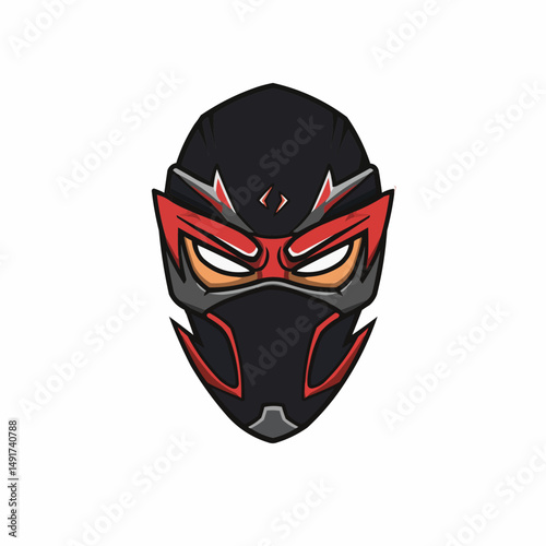 Masked character with black and red mask. Digital design in the top right