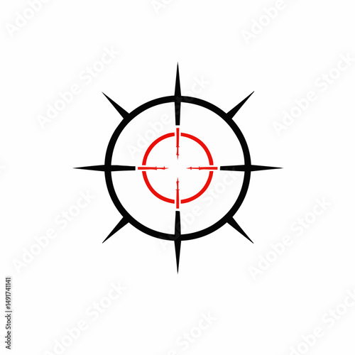 Black and red abstract target design with a white background and radial crosshairs