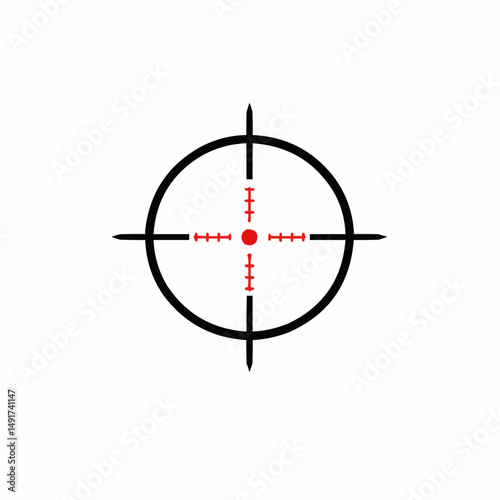 An aiming reticle on a white background, featuring a red dot in the center and black crosshairs