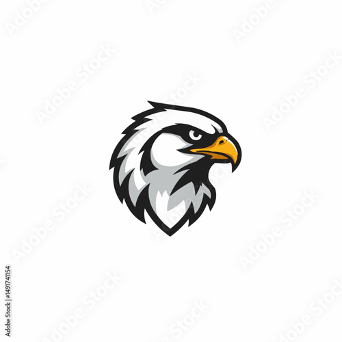 Fierce eagle head, black, white & gold on white. Sharp, determined bird graphic