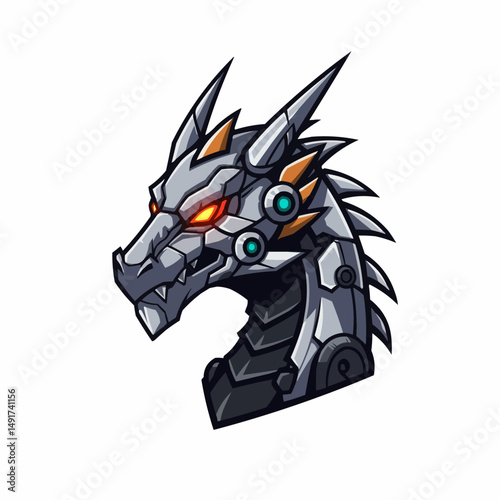 Robot wolf head with glowing eyes, gray metallic body, and teal/orange details