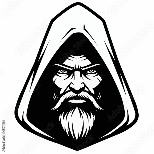Hooded figure's intense gaze, rendered in stark black and white illustration style