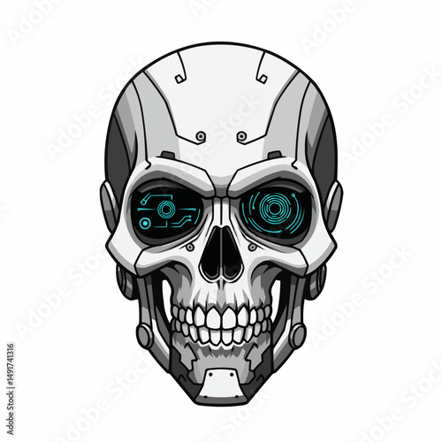Robotic head in gray tones, glowing circuits, and tech details fills the right side