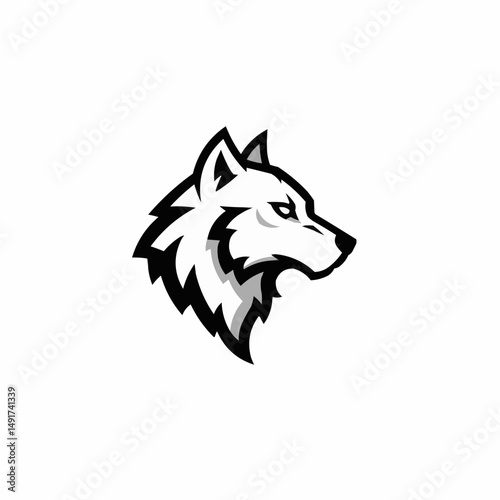 Black & white wolf's head in lower right with intense eyes and focused gaze