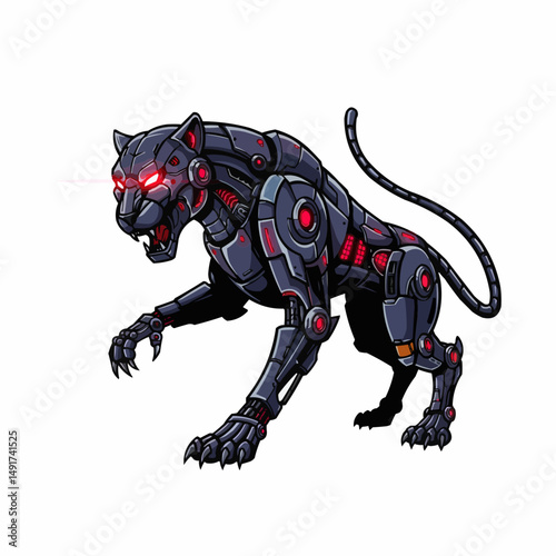 A robotic panther, with red lights on the head and body parts looking threatening