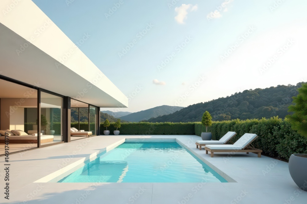 Fototapeta premium Modern Minimalist House with Infinity Pool and Scenic Mountain View