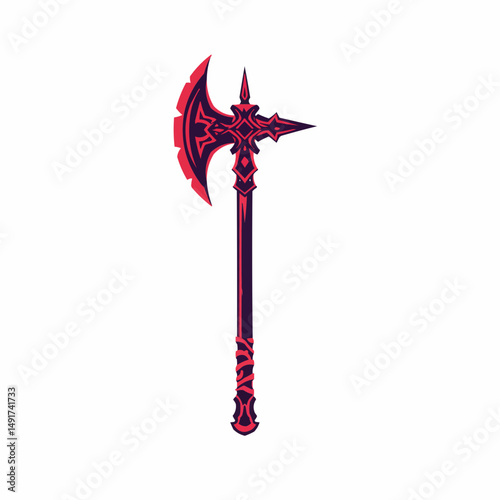 Illustrated polearm features sharp axe blade and ornate design elements in red, black