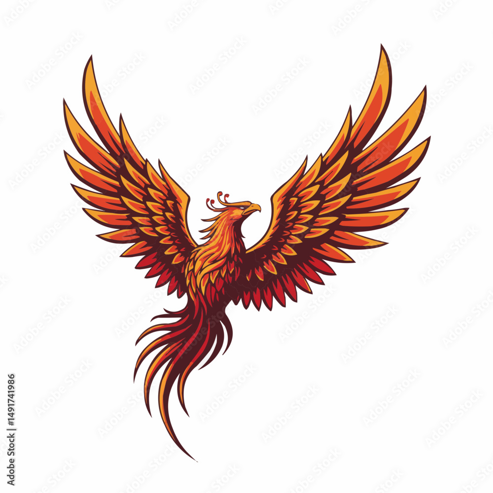 Obraz premium Detailed phoenix illustration with wings spread. Orange and maroon color with a simple white background