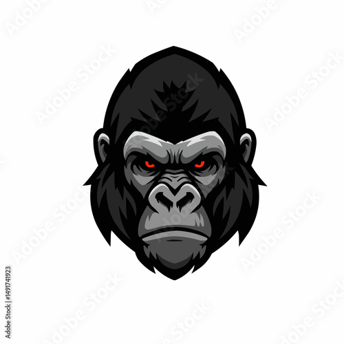 Gorilla with red eyes peers from above; fur and gray face shown on white backdrop