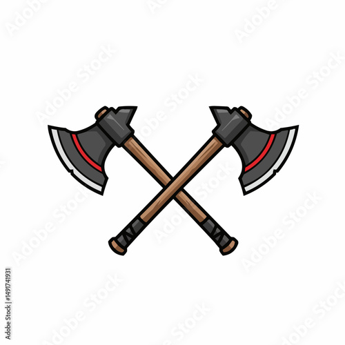 Two crossed axes with brown handles and gray ax heads, simple design