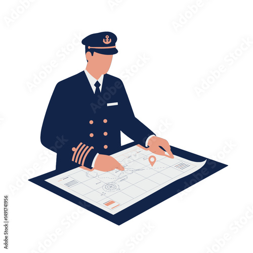 Pilot Studying Nautical Chart Illustration