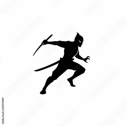 Silhouette of a warrior, masked, clutching a sword. Ready for action against white space