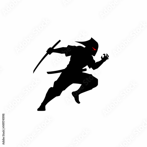 Silhouette of a warrior, holding a katana sword, with piercing red eyes, ready to strike