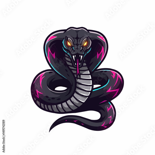 Stylized Cobra with glowing eyes, fangs, and forked tongue against a white background