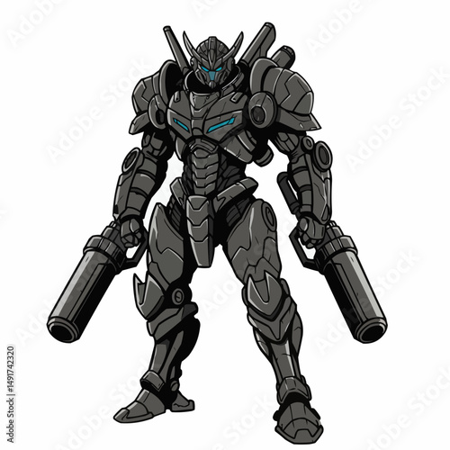Armored cyborg warrior. Metal, futuristic suit with glowing teal accents. Sci-fi. Action