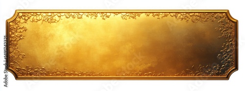 ornate vintage gold rectangular plaque with floral embossed patterns on corners and edges with shiny metallic finish