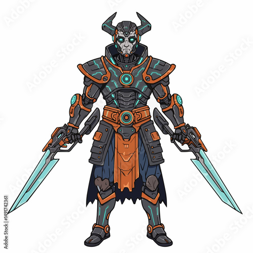 Cybernetic being, glowing eyes, armored, horn helmet. Futuristic, robotic details displayed