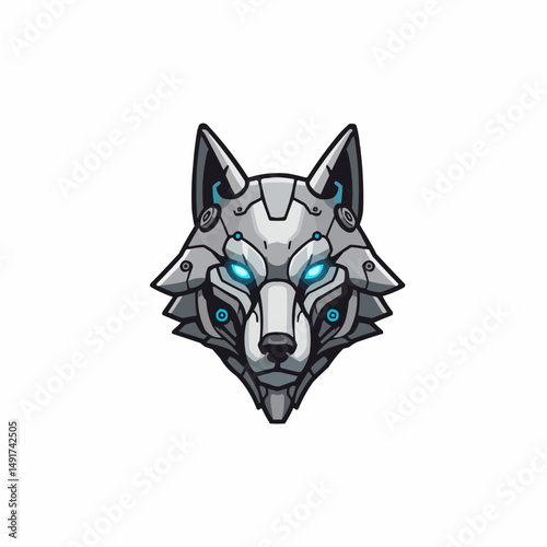 Robotic wolf with shining blue eyes and pointy ears peeking into the view on white